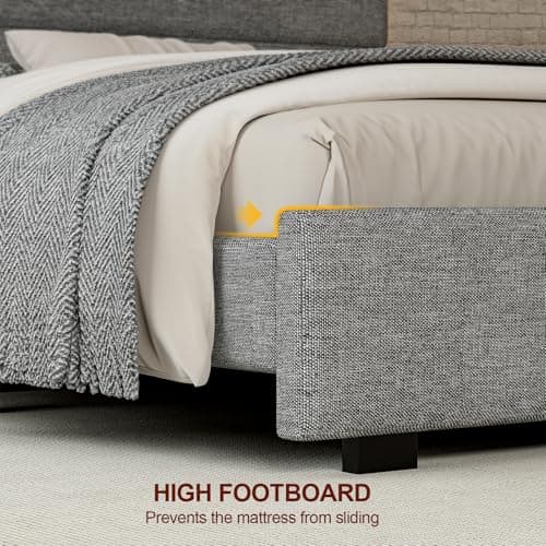 ZENBEDING Upholstered Bed Frame Queen Size with Linen Headboard, Queen Platform Bed Frame with LED Lights, Modern BedFrame with Footboard, No Box Spring Needed, Light Gray 5