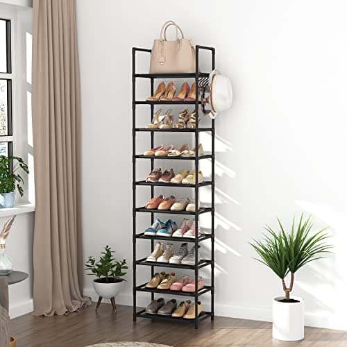 LANTEFUL 10 Tiers Tall Shoe Rack 20-25 Pairs Boots Organizer Storage Sturdy Narrow Shoe Shelf for Entryway, Closets with Hooks, Black 7