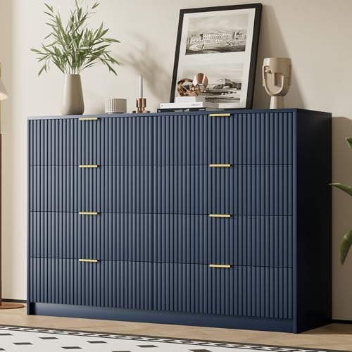Furniway Navy Blue Dresser for Bedroom, Modern Dresser with 8 Drawers and Smooth Slides, Wide Chest of Drawers with Golden Handles for Bedroom, Closet, 15.7" D x 55" W x 37.4" H