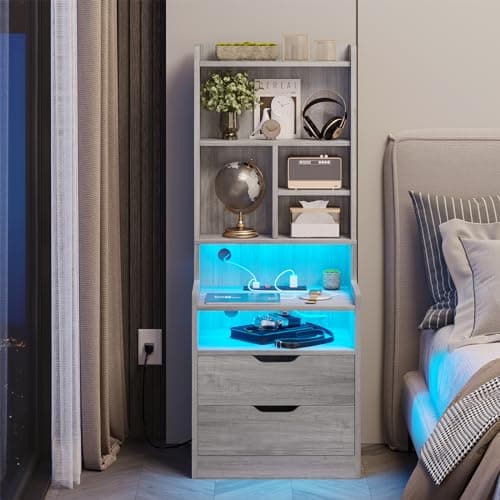 BTHFST Tall Nightstand with Charging Station and LED Lights, LED Gray Nightstand with Drawers and Shelves, Tall Bedside Table with Bookshelf, Side End Table with Storage, Grey