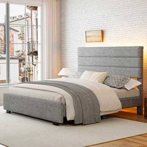 ZENBEDING Upholstered Bed Frame Queen Size with Linen Headboard, Queen Platform Bed Frame with LED Lights, Modern BedFrame with Footboard, No Box Spring Needed, Light Gray 8