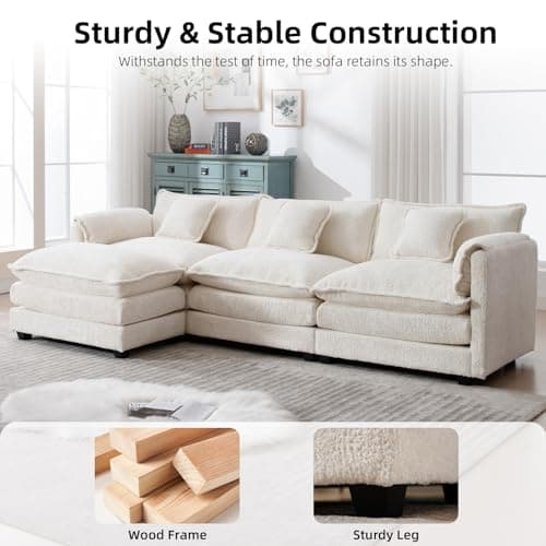 GNIXUU 112" L Shaped Sectional Sofa Cloud Couch for Living Room, Oversized Modular Sectional Sofa with Movable Ottoman, 4 Seat Chenille Deep Seat Sofa Set with Double Cushion & Pillows, Beige 5