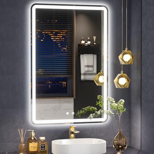 Vosuja 20x28inch LED Bathroom Mirror Rounded Corner Rectangle Frameless, 3 Colors Lighted & Stepless Dimmable Vanity-Mirror-with-Lights, Anti-Fog, Horizontal/Vertical Hanging Wall Mirror