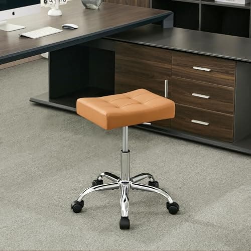 FIRAVOE Office Stool with Wheels (300lbs Capacity) (Adjustable Height 17"-21") Brown Faux Leather Workbench Stool (Camel Brown) 8
