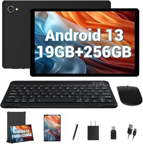 POWMUS 2025 Latest Tablet 10.4 inch Android 13 Tablets 19GB+256GB+1TB Expand, Octa-Core, 2K 2000 x 1200 Display,8000mAh, BT 5.0, GPS Android Tablets Bundle-Gray