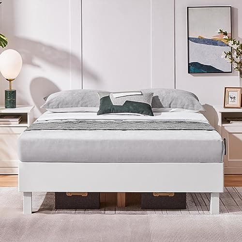 Yaheetech Queen Bed Frame Scandinavian Natural Pine Wood Platform Bed, Detachable Wooden Slats for Easy Assembly/6.2 inch Clearance Space/Noise-Free/No Box Spring Needed, White Queen Bed