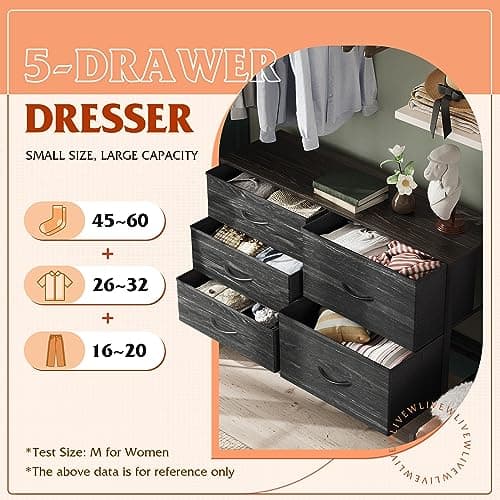 WLIVE Dresser for Bedroom with 5 Drawers, Wide Dressers with Drawer Organizers, Chest of Drawers, Fabric Dresser for Living Room, Closet, Hallway, Charcoal Black Wood Grain Print 5