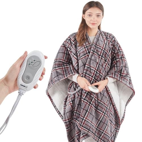 Degrees of Comfort Heated Sherpa Wrap Shawl, Cozy Winter Electric Blanket Throw, Snuggie for Grandma Mom Women, Washable, Auto Shut-Off, Reversible 50 x 64 Inch, Grey Plaid