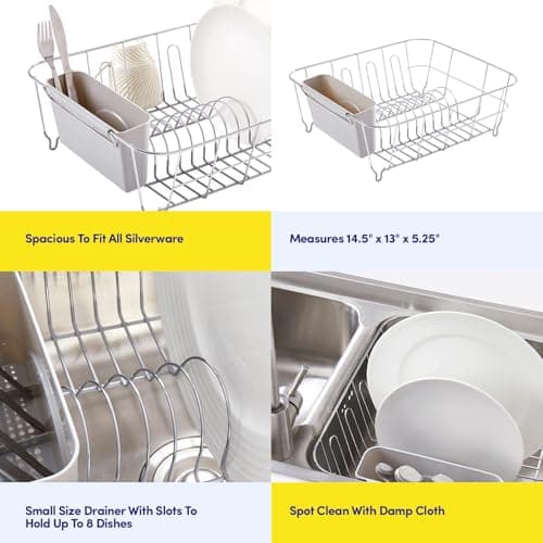Dish Drying Rack & Cutlery Holder 2 Piece Set - Compact Sink-Fitting Dish Drainer with Rubberized Undercoating, Space-Saving Kitchen Organizer for Plates, Cups, Bowls & Utensils in Sink, Silver 6