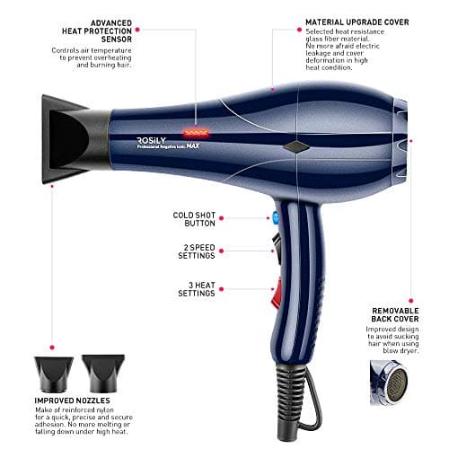 ROSILY Professional 2200W Ionic Ceramic Hair Dryer | Fast Drying Salon Quality Blow Dryer with Nozzle Attachments for Smooth Shine and Silky Hair | Extra Long Cord and Faster Drying Time 5