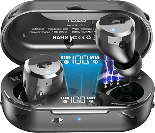 TOZO T12 Wireless Earbuds Bluetooth Headphones Premium Fidelity Sound Quality Wireless Charging Case Digital LED Intelligence Display IPX8 Waterproof Earphones(Renewed) (Dark Black)