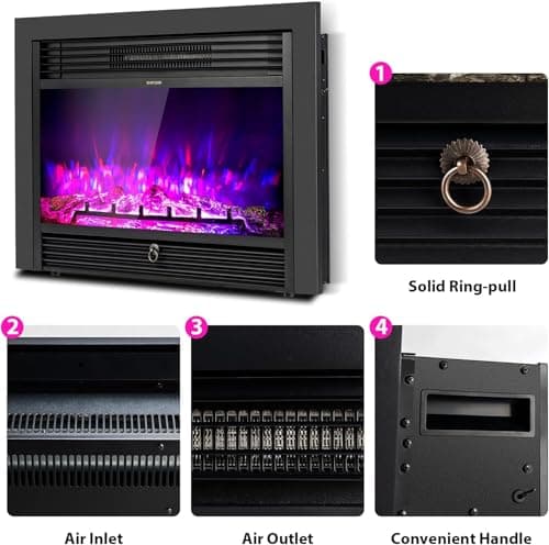 COSTWAY Electric Fireplace Inserts 28.5-inch Wide, 750W/1500W Wall Recessed and Freestanding Fireplace with 3 Flame Colors, 5 Brightness Settings, 8H Timer, Remote Control, Heater for Indoor Use 9