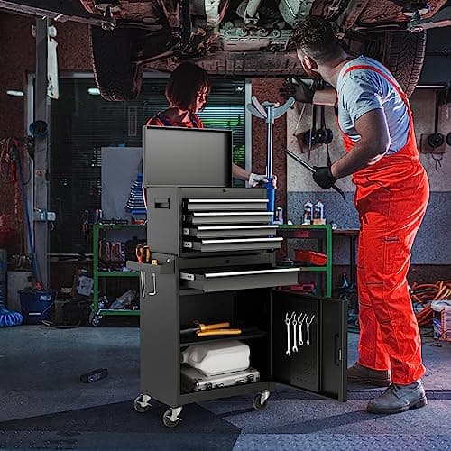 Goplus Tool Chest, 5 Drawers Rolling Tool Cabinet with Detachable Top Toolbox, Universal Lockable Wheels, Lock Bar, Protective Liner & Tool Rack, Metal Tool Storage Cart, Tool Box for Garage Workshop 9