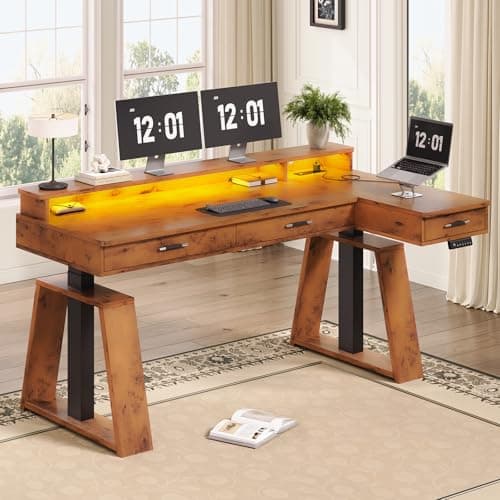 SEDETA 59 Inch L Shaped Electric Standing Desk with Drawers, Executive Adjustable Desk with Power Outlets, Monitor Stand, Sit Stand Computer Table for Home Office, Brown
