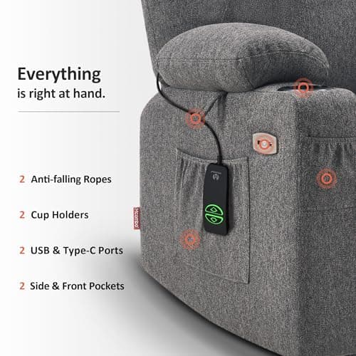 MCombo Power Lift Recliner Chair for Elderly, Lift Chair with Heat and Massage, FSC Certified, USB&Type C Ports, Cup Holders, Fabric 7040 (Medium, Gray) 8