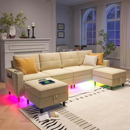 FOMNEY Sectional Couche for Living Room, Modular U Shaped Sofa Couchs with RGB Lights and Charging Ports, 6 Seat Convertible Sectional Sofa with Storage Ottoman (Beige) 9