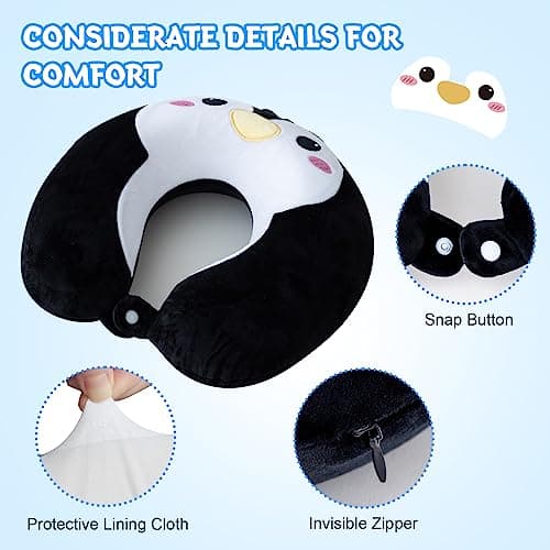 Cirorld Travel Pillow for Kids Adult Cute Neck Pillow for Traveling Memory Foam Airplane Pillow Sleep Mask Animal Flight Pillow Head Rest Neck Support for Cars Long Flights (Penguin, 9-12 Y/O) 5