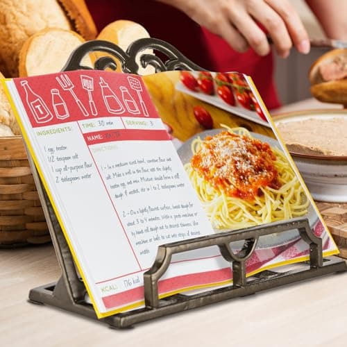JOGREFUL Cookbook Stand, Cast Iron Heavy-Duty Recipe Book Holder, Kitchen Vintage Recipe Book Holder, Reading Rest Holder for Easel/Counter/Books/Magazine/iPad/Bible, Classic Coffee Gold 6