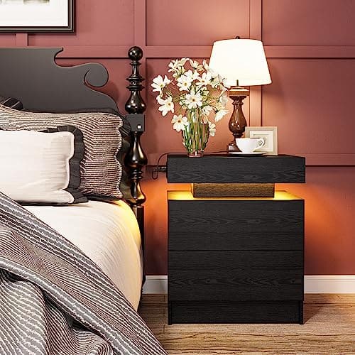 LIKIMIO Night Stand with Charging Station, Modern Black Nightstand with LED Light and Drawers, Bedside Tables/End Table for Bedroom 3