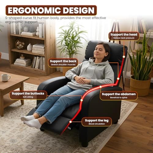 FDW Recliner Chair for Living Room Home Theater Seating Single Reclining Sofa Lounge with Padded Seat Backrest (Black) 7
