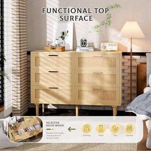 INTERGREAT Sideboard Buffet Storage with 6 Drawers，Rattan Storage Chest for Bedroom, Boho Buffet Cabinet with Golden Handle and Wood Legs for Bedroom, Hallway, Natural 6
