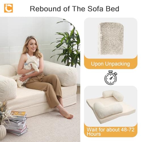 COMAX 4‑in‑1 Futon Sofa Bed Queen – Floor Foldable Convertible Sofa Couch with L‑Shaped Armrests, Removable Cover, Convertible Guest Bed | Space‑Saving Fold‑Out Mattress Lounge for Living Room, Beige 9