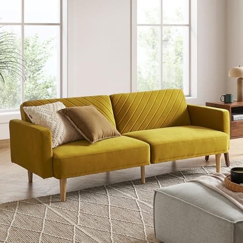 mopio 76.4" Futon Sofa Bed, Couch, Loveseat, Sleeper Sofa, Mid Century Modern Futon Couch, Sofa Cama, Couches for Living Room (Antique Gold Premium Velvet)