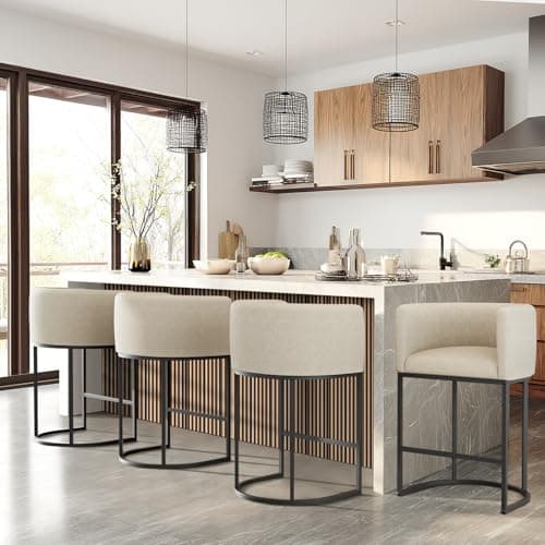 KRAMZMING Counter Height Bar Stools Set of 2, 24 Inch Seat Height Barstools for Dining Room, Fabric Upholstered Bar Chair for Kitchen Island, Linen Counter Stools with Metal Legs, Beige 8