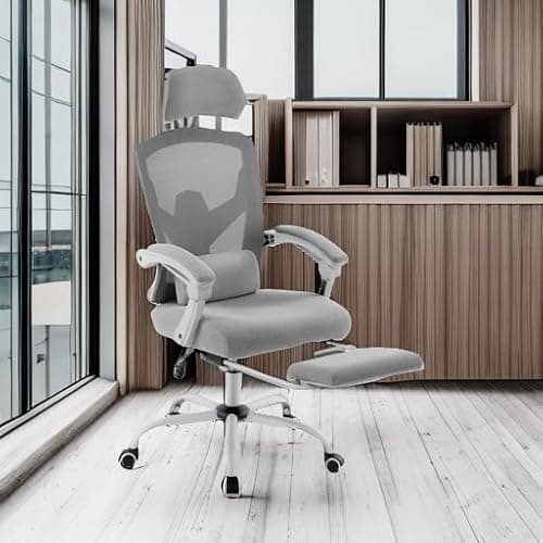 DUMOS Home Office Desk Chair with Footrest, High-Back Mesh Rolling Swivel Reclining Chairs with Wheels, Comfortable Headrest, Lumbar Support, Comfy Arms for Home, Office, Gaming, Student, Grey 5
