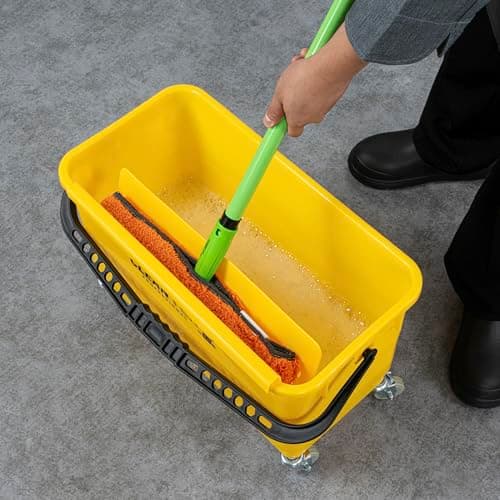 Restaurantware-Clean Tek Professional 25 Quart Cleaning Bucket with Sieve, 1 Bucket with Casters - Comfort-Grip Handle, Heavy-Duty, Yellow Plastic, for Cleaning Kitchens, Restaurants 6