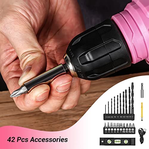 DEKOPRO 8V Cordless Drill, Drill Set with 3/8"Keyless Chuck, 42pcs Acessories, Built-in LED, Type-C Charge Cable, Pink Power Drills for Drilling and Tightening/Loosening Screws 7