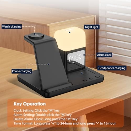 Wireless Charger for Samsung/Android,6 in 1 Alarm Clock Charging Station for Bedrooms with Bedside Clock Night Light for Samsung S25/S24/S23 Ultra/Buds,Watch Charger only for Galaxy Watch 8/7/6-Black 6