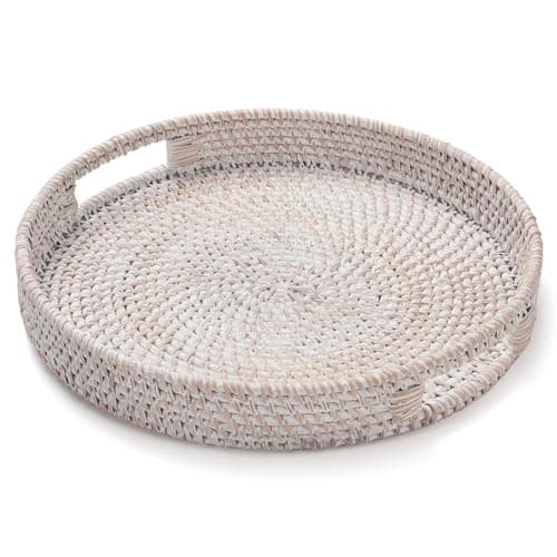 11.8 inch Round Rattan Tray, Decorative Coffee Table Trays, Ottoman Tray, Woven Serving Tray with Handles, Wicker Serving Basket, Whitewash