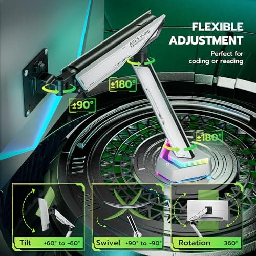ARES WING RGB Single Monitor Arm Desk Mount for 17-45 inches Flat and Curved Monitors, Holds 35.2 lbs Heavy Duty, Adjustable Ultrawide Monitor Arm with Clamp & Grommet Base, 75/100 VESA Mount, White 5
