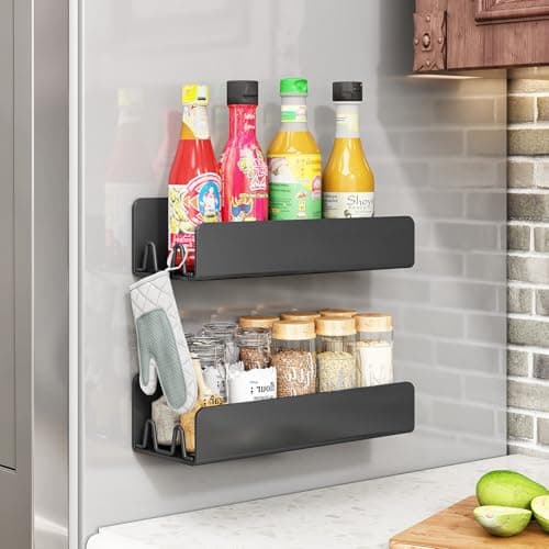 Magnetic Spice Rack for Refrigerator, Magnetic Shelf Fridge Spice Rack Organizer 2 Pack with 8 Hooks, Moveable Strong Magnetic Seasoning Organizer and Shelf for Kitchen Refrigerator Microwave