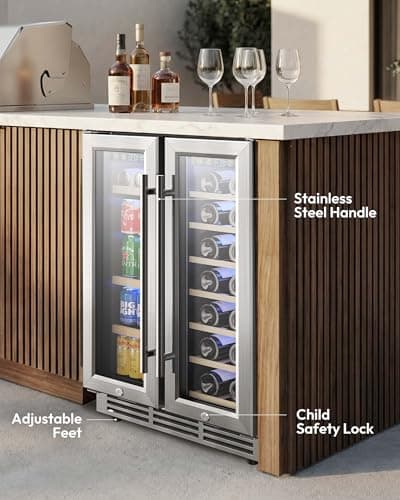 EUHOMY Wine and Beverage Refrigerator, 24 Inch Dual Zone Wine Cooler with Glass Door Hold 21 Bottles and 88 Cans, Built in or Under Counter Wine Fridge with Blue LED Light 9
