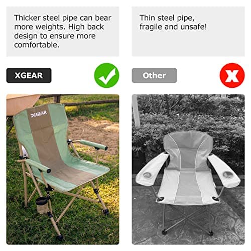 XGEAR Camping Chair with Padded Hard Armrest, Sturdy Folding Camp Chair with Cup Holder, Storage Pockets Carry Bag Included, Support to 400 lbs (1-Green) 5