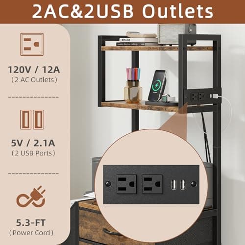 HIGDBFE 3 Drawer File Cabinet with Charging Station, 45''H, 3-Tier Filing Cabinet for Home Office, 11''*16'' for Small Printer, Fabric Drawer Fits Letter/A4, Tall Printer Stand, Rustic Brown 5