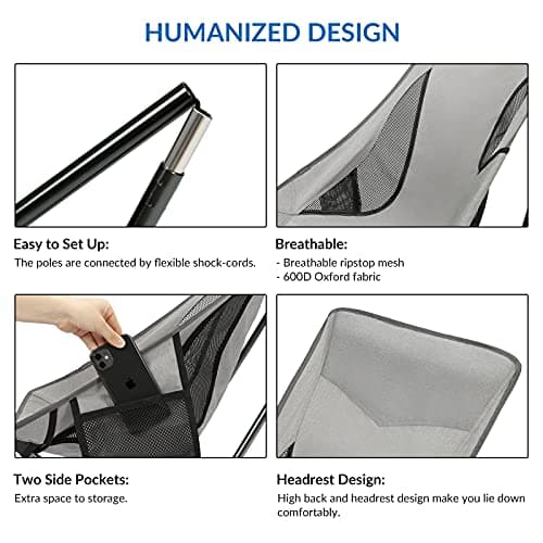 SHALLWE Ultralight High Back Folding Camping Chair, Upgraded 58cm Wide All Aluminum Frame for Adult, Built-in Pillow, Side Pocket & Carry Bag, Compact & Heavy Duty for Outdoor Backpacking(Silver) 6