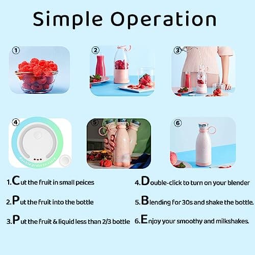 Asa Vea Portable Blender, Mini Blender for Smoothies and Shakes with 4 Blades, 11 Oz Personal Size Blender with Travel Lid and USB Rechargeable for Kitchen, Office, Gym (Pink) 5