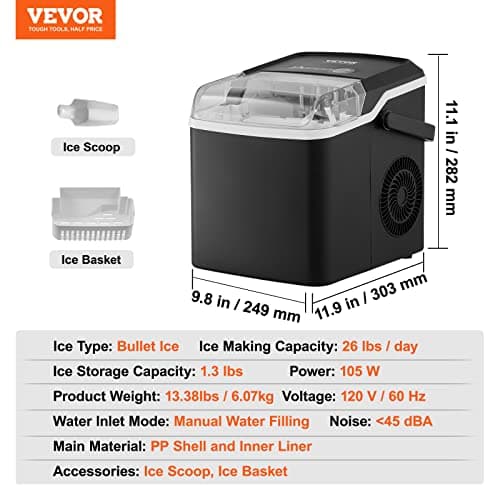VEVOR Ice Maker Countertop, 26lbs in 24 Hours,9 Cubes Ready in 7 Minutes, Self Cleaning Countertop Ice Maker with Scoop and Basket for Home Kitchen Camping Office 8