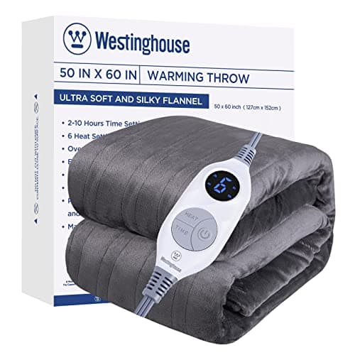 Westinghouse Electric Blanket Heated Throw, Super Cozy Soft Flannel 50"" x 60"" Heated Throw with 6 Fast Heating Levels & 2-10 Auto-Off, Machine Washable, ETL&FCC Certification, Home Office Use, Grey