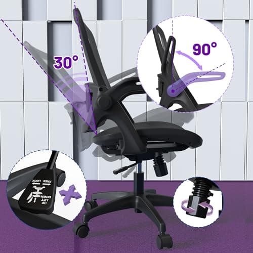 Ergonomic Mesh Seat Home Office Computer Desk Chair Height Adjustable Lumbar Support with Flip Up Arms Swivel Wheels for Adult 5