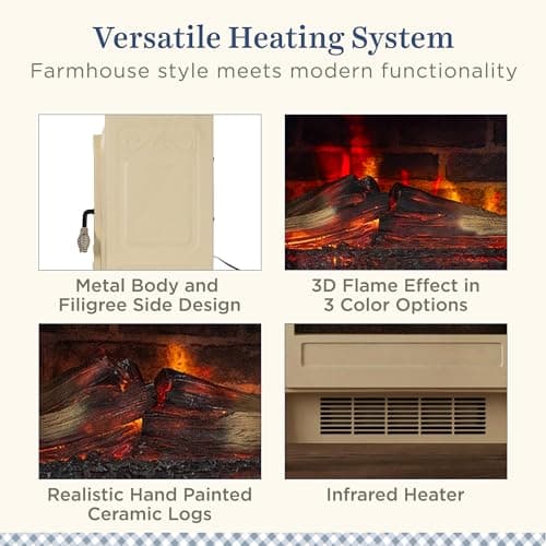 Country Living Infrared Freestanding Electric Fireplace Stove Heater in Cream | Provides Supplemental Zone Heat with Remote, Multiple Flame Colors, Metal Design with Faux Wooden Logs 5