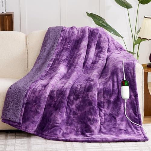 greenoak Heated Electric Blanket Throw, Faux Fur Sherpa Heating Blanket for Sofa Bed, Warm Winter Gifts for Women/Her, Heater Lap Blankets 5-Position Timer &10 Heating Levels 50''*60" Purple