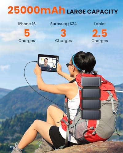 SOARAISE Wireless Solar Power Bank, 25000mAh Solar Charger with Built-in 3 Cables, Dual Outputs, 4 Solar Panels & 3 LED Flashlights, Portable Phone Charger for Outdoor Camping 5