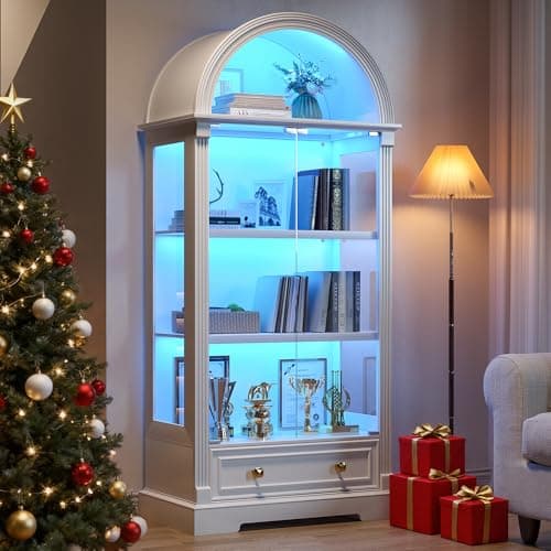 Dystler Lighted Display Cabinet with Glass Doors, 72" Tall Curio Cabinet - 4 Tier Display Case with Human Sensor Lights, Bookcase for Collectibles Toys Books, White