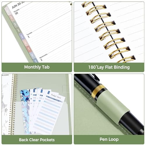 SUNEE 2026 Weekly & Monthly Planner 6.4"x8.5"- 12 Month (January 2026 - December 2026), Vegan Leather Cover, Pocket, Bookmark, Notes, Monthly Tab, Sage Green 5