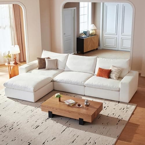 Vorthio Cloud Couch Sectional 113.8'' Oversized Modular Deep Seat Sofa L Shaped Comfy White Cloud Couch with Washable Cover for Living Room 3 Seater with 1 Ottoman
