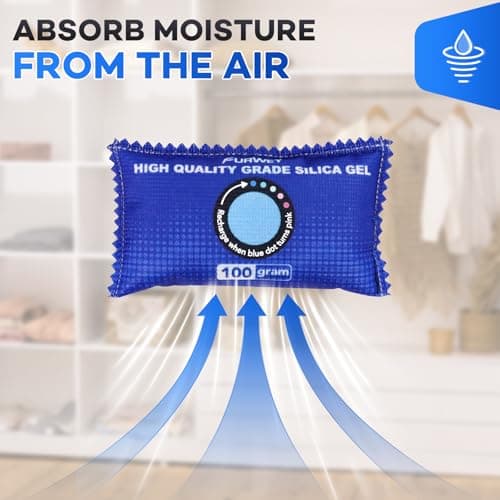 FURWEY 12 Pack Rechargeable Desiccant Packs, 100g Each, Blue, Color Indicating Silica Gel Dehumidifier Bags for Storage, Closets, Cars, Bins 6